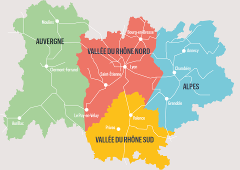 Les 4 bassins de mobilités territoriaux : Vallée du Rhône nord, Auvergne, Alpes, Vallée du Rhône sud - © Région Auvergne-Rhône-Alpes Les 4 bassins de mobilités territoriaux : Vallée du Rhône nord, Auvergne, Alpes, Vallée du Rhône sud
