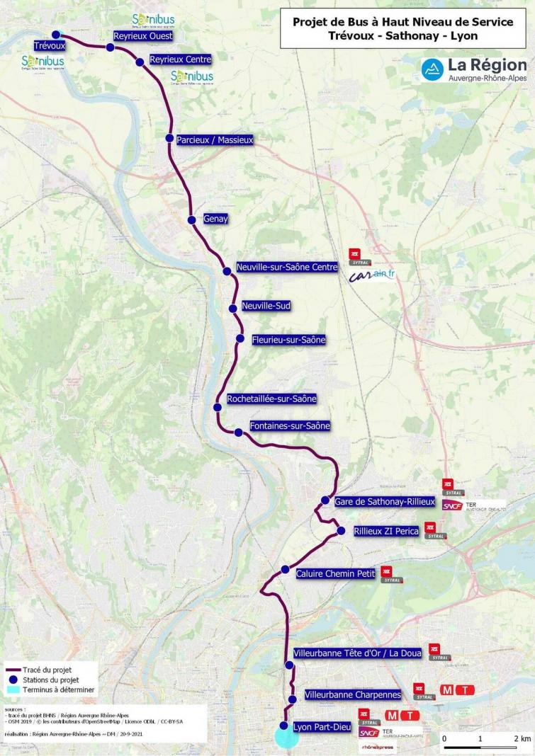 Carte du Trajet du BHNS entre Lyon et Trevoux - © Carte du Trajet du BHNS entre Lyon et Trevoux